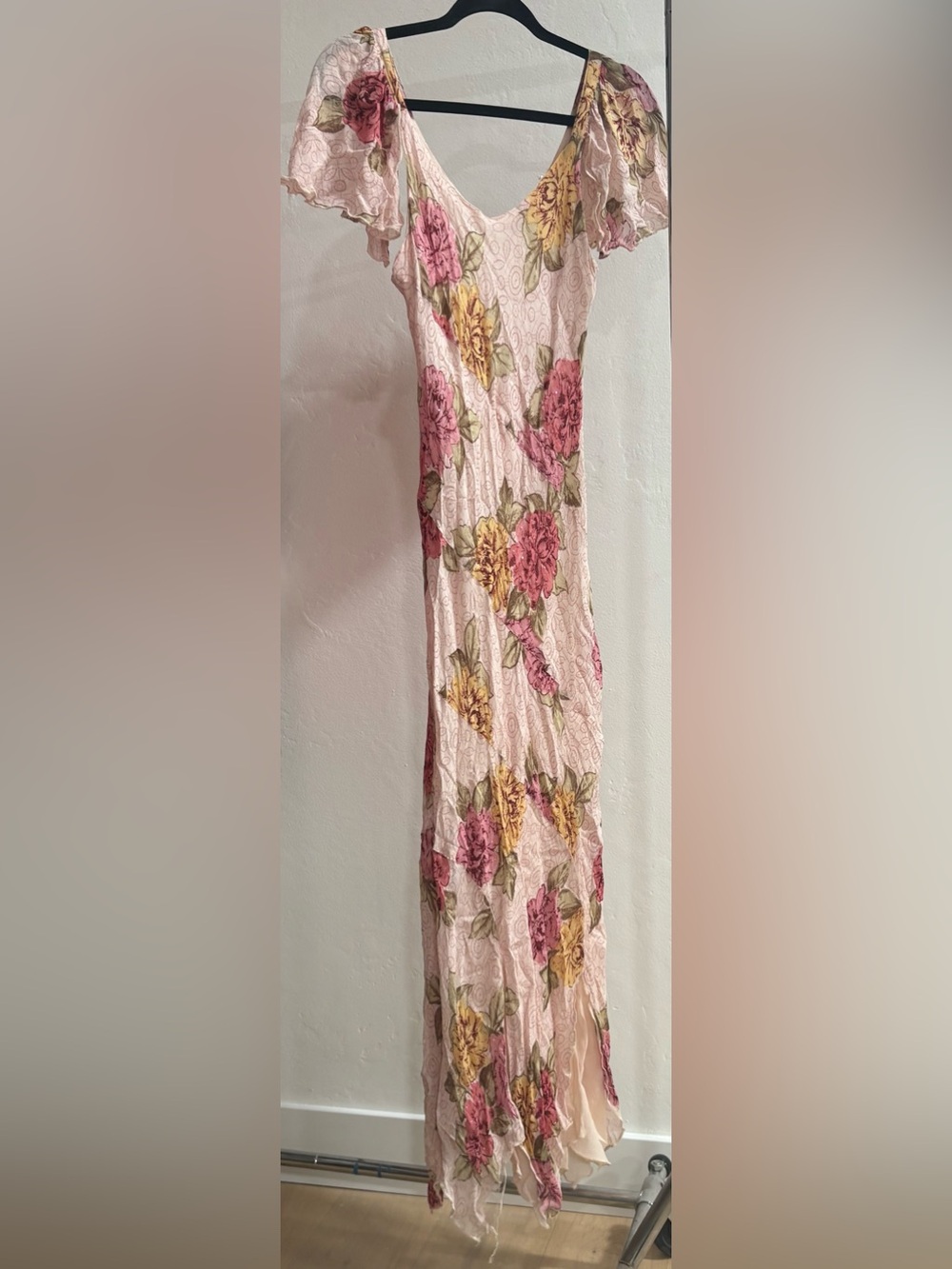 Lola P Floral Pink/Cream handkerchief hem maxi dress with gems
